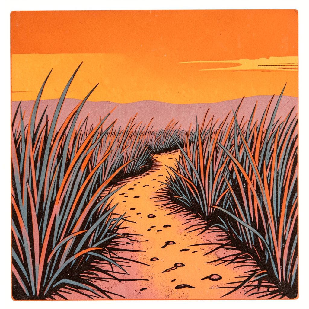 Carved linocut relief print of a sandy path winding through tall grass under a warm terracotta sky, bold cut style