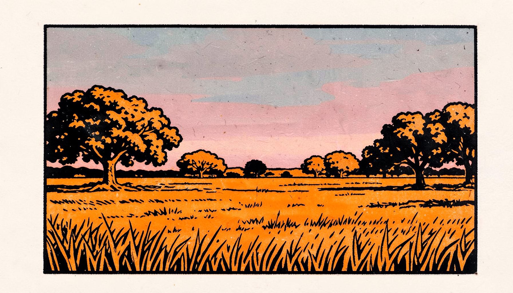 Carved linocut relief print of a wide open field with scattered trees under a muted dusty-rose and blue-grey sky, bold cut style