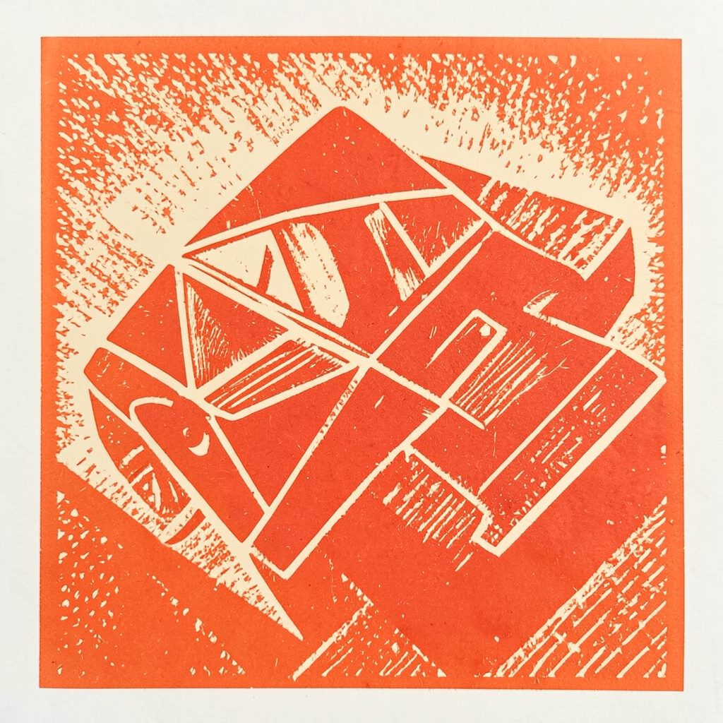 Carved linocut relief print landscape in warm terracotta and dusty rose tones, atmospheric and calm