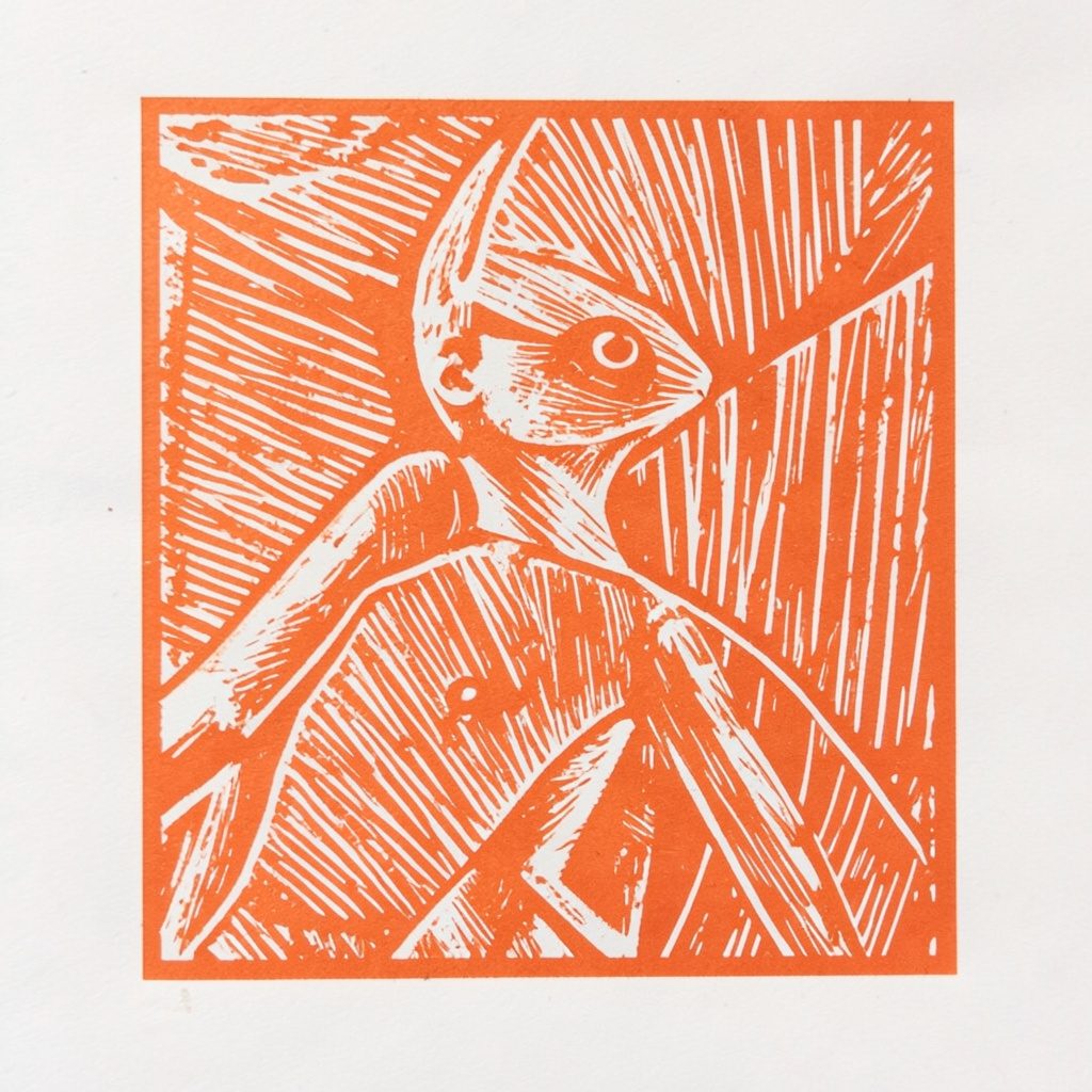Linocut print of a woman looking thoughtfully out a window, soft blush and grey-blue tones with expressive carved lines.