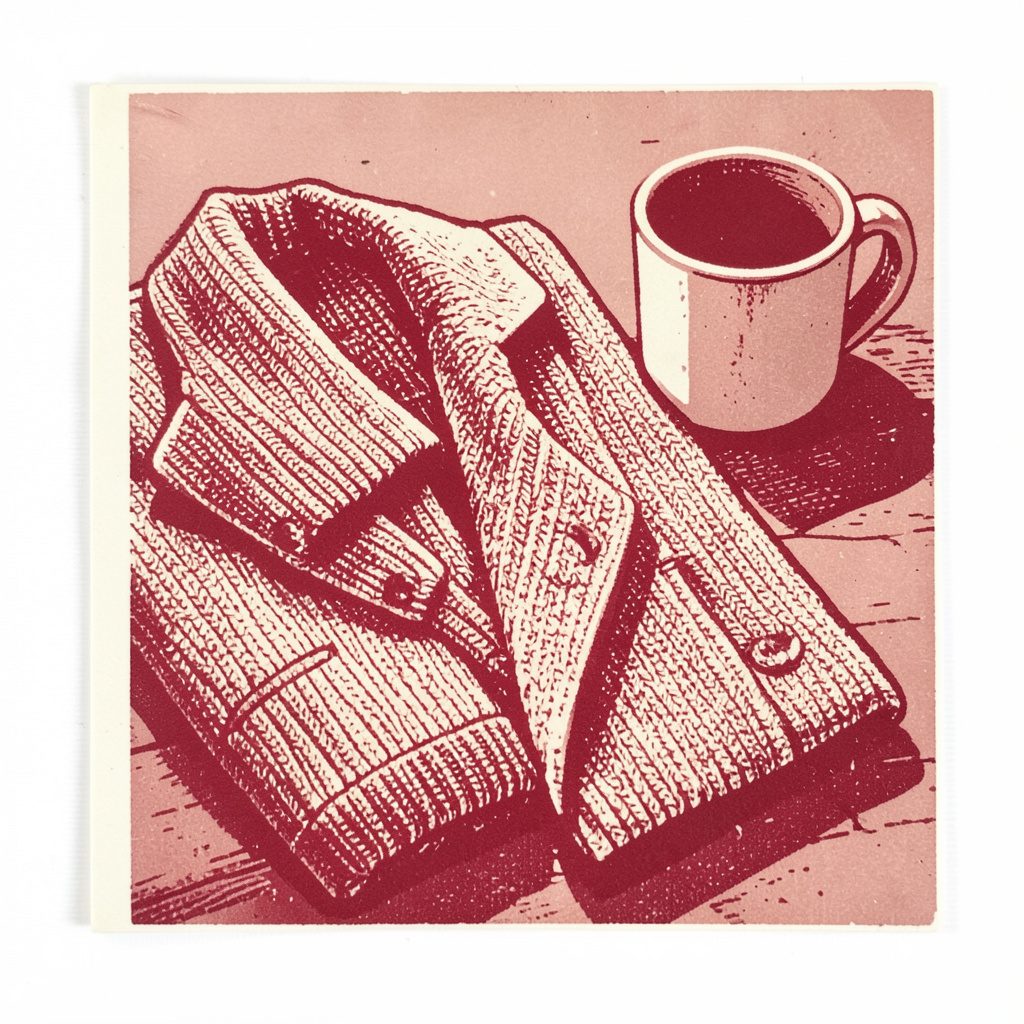 Soft neutral-toned linocut print of folded knitwear, a wool coat, and a simple ceramic mug arranged on a tabletop, warm cozy mood