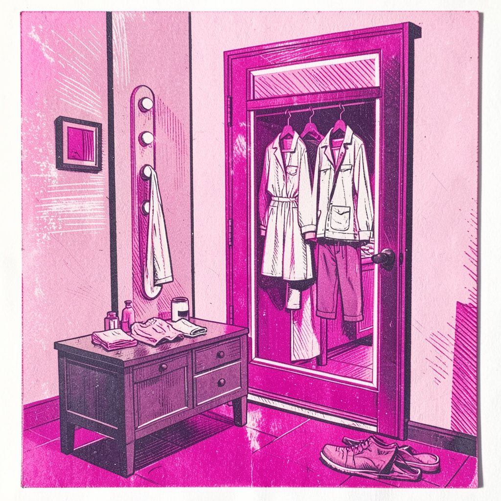 Carved linocut relief print of a dressing room with a mirror reflecting a relaxed outfit, soft dusty pink and charcoal palette