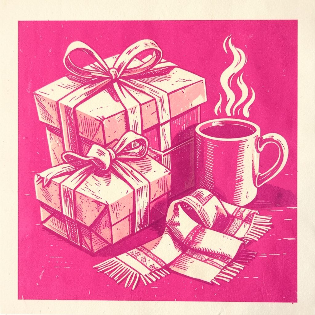 Carved linocut relief print of gift boxes with ribbon, a scarf draped beside them, and a steaming mug, rendered in warm rose and cream tones
