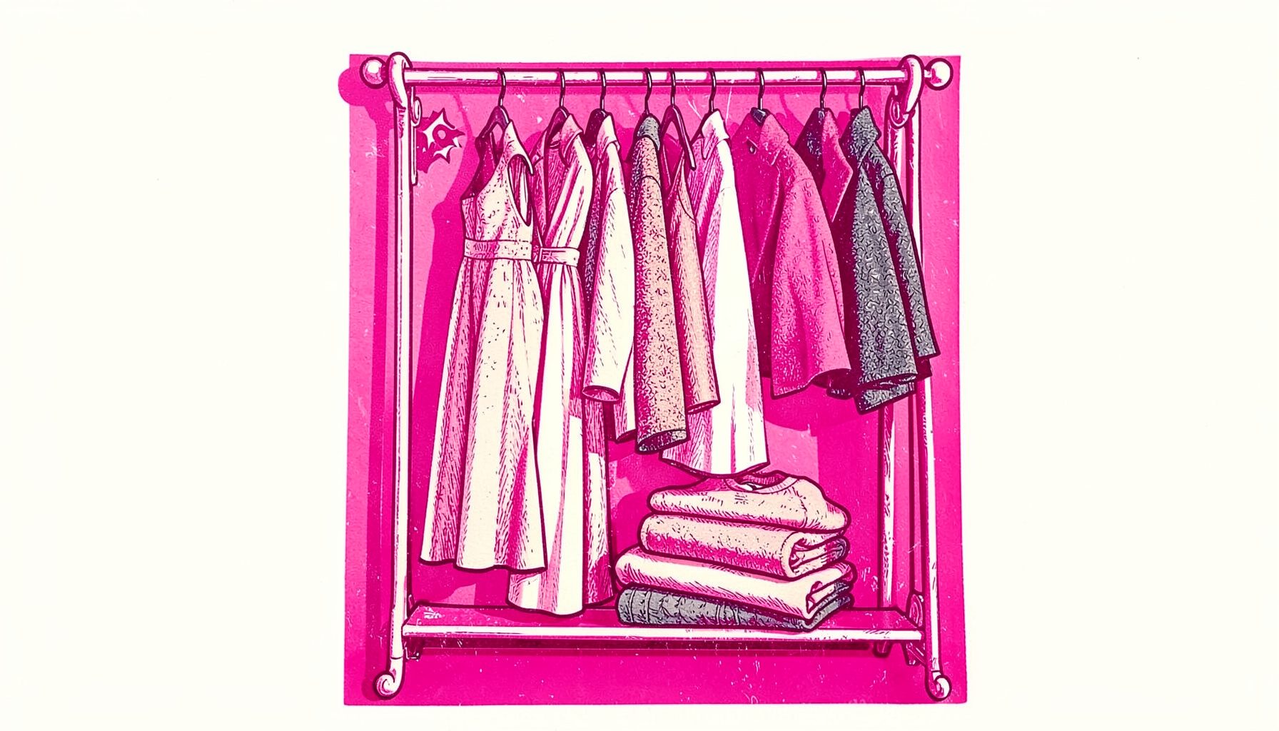 Carved linocut relief print of a wardrobe rack with flowing dresses, a wool coat, and folded sweaters in soft blush, cream, and charcoal tones, warm and inviting