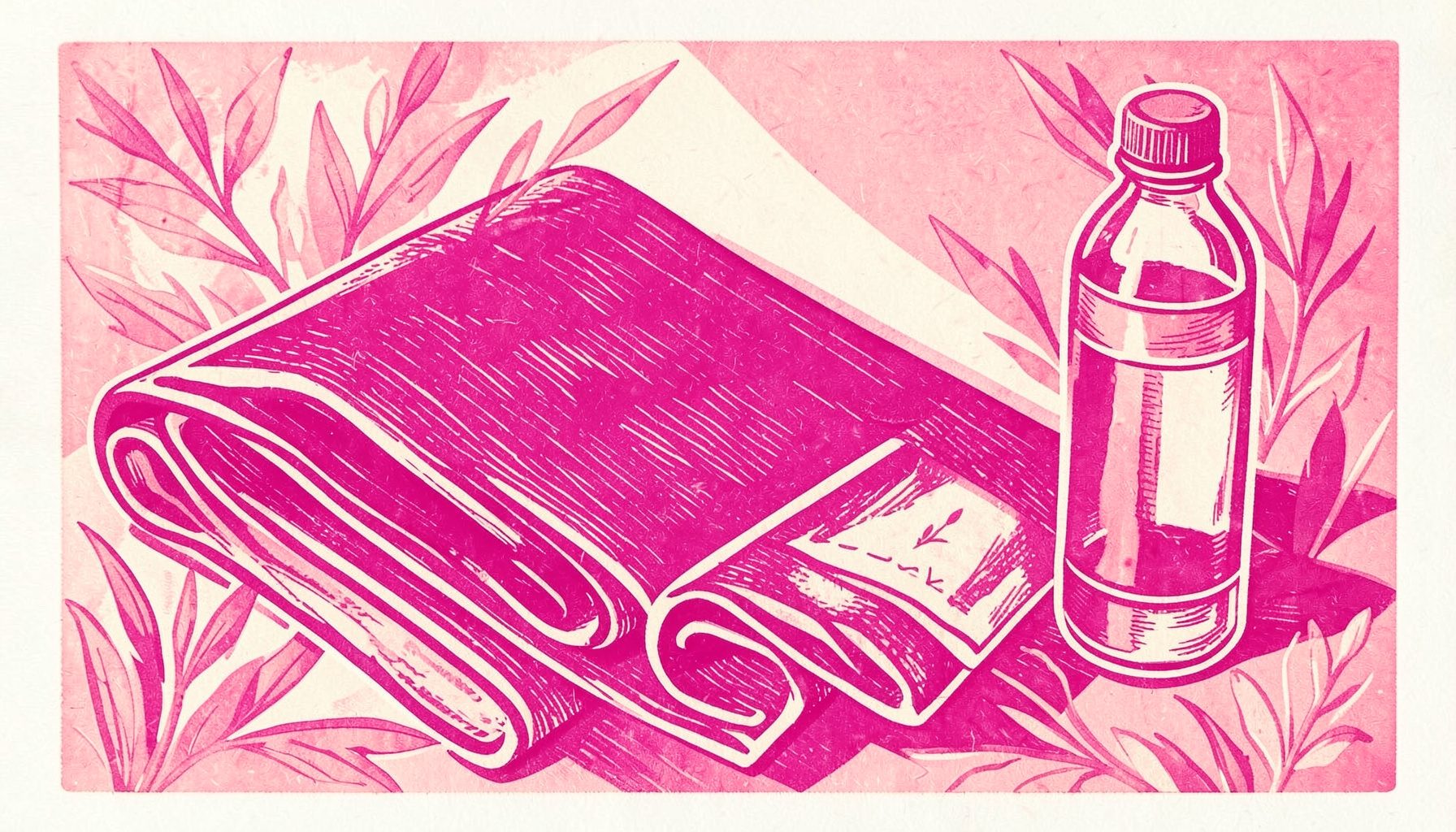 Carved linocut relief print of a calm yoga mat and folded towel beside a water bottle, soft blush and cream tones with gentle botanical shapes, serene and warm.