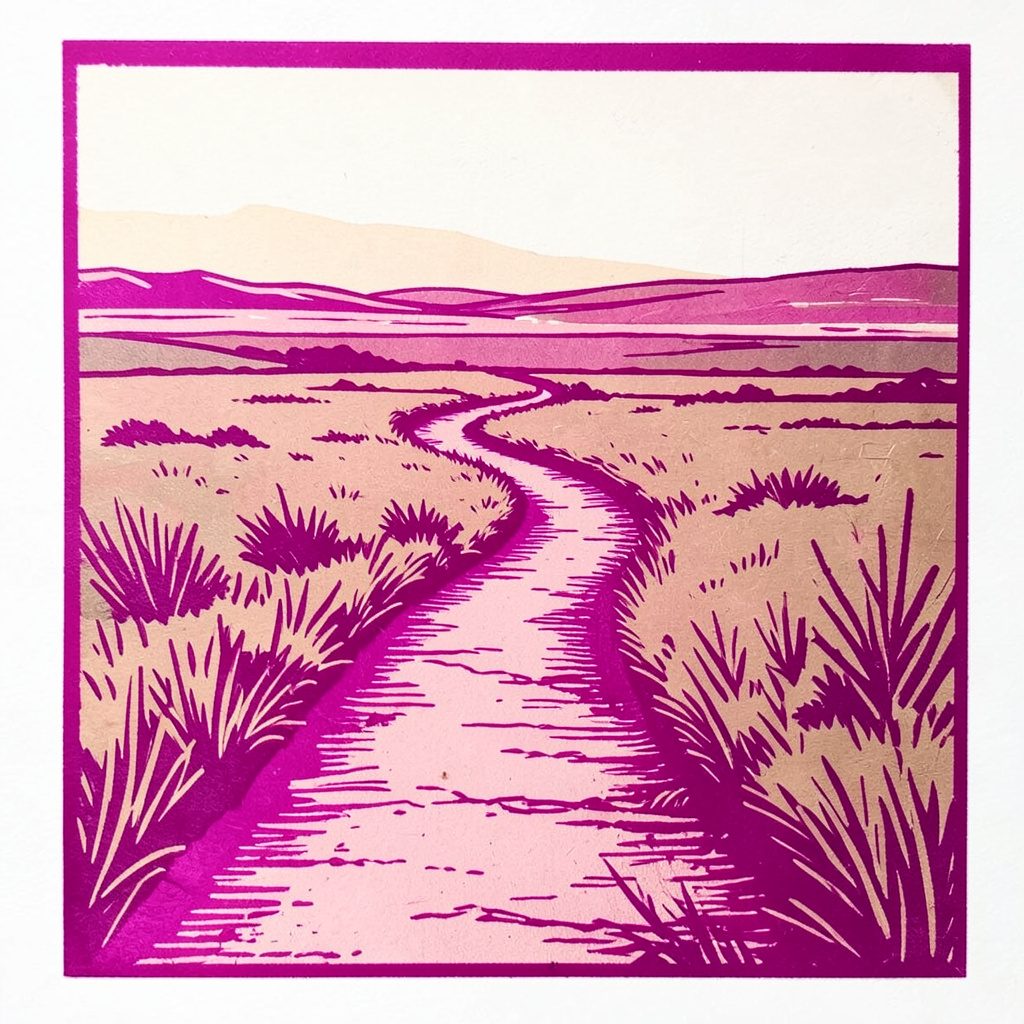 Carved linocut relief print of a winding path leading through an open landscape toward a soft horizon, rendered in warm blush, dusty rose, and muted earth tones with bold cut lines.